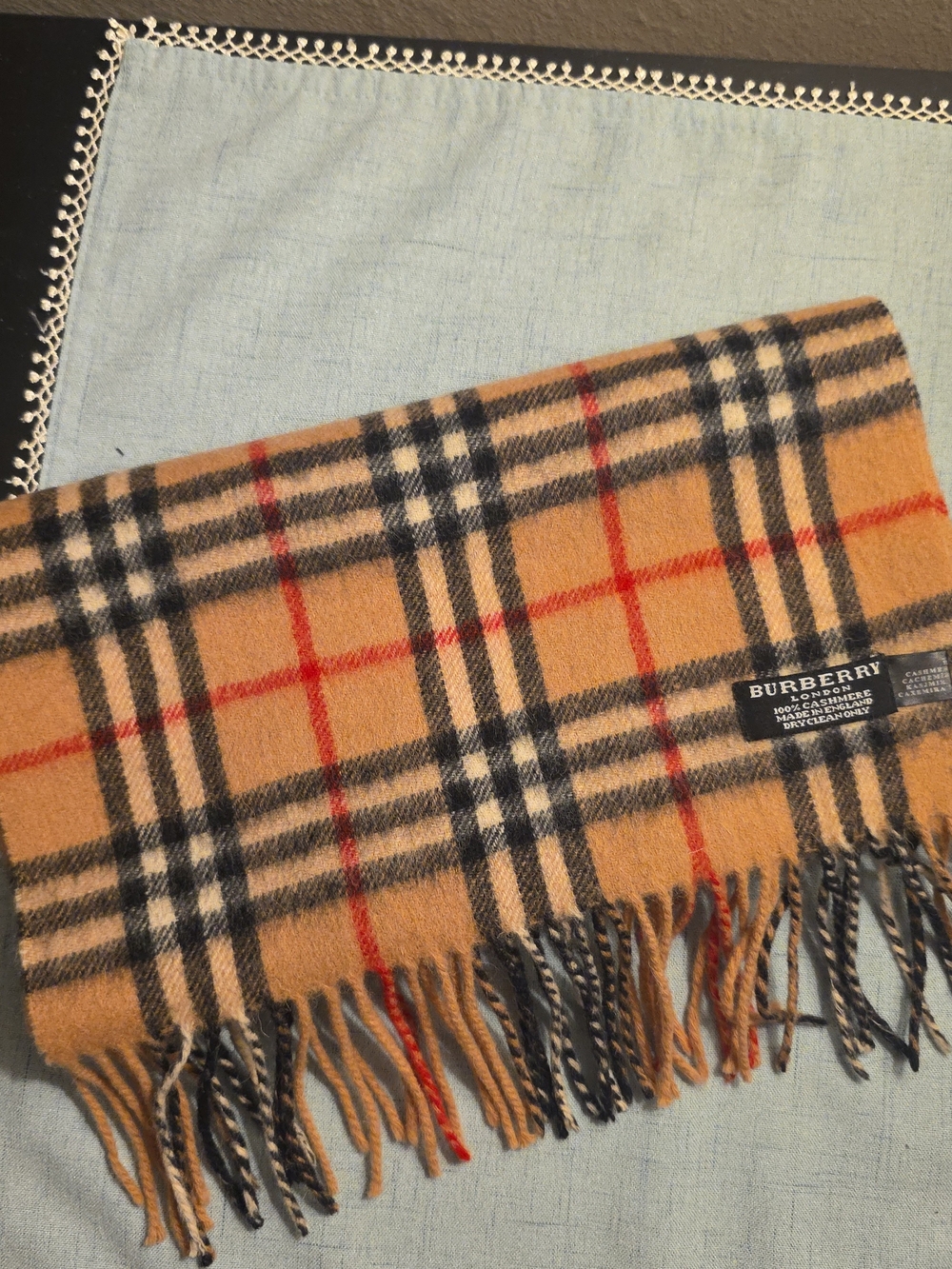 Burberry Classic Check Camel Cashmere Scarf - Camel/Black/Red